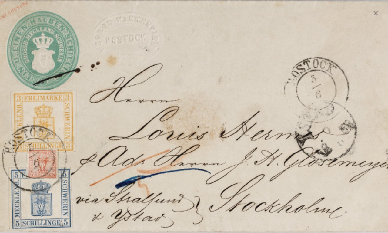 Buntfrankatur der 1. Ausgabe mecklenburgischer Briefmarken von 1856 auf einem Auslandbrief
