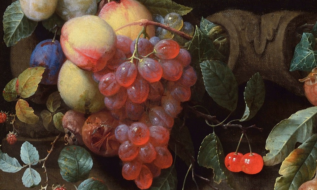 Schenkung Christoph Müller: Joris van Son, <i>Blumen und Früchte um eine steinerne Kartusche umranken eine Steinkartouche mit Engelsköpfen </i>(Detail)